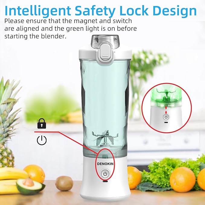 DENOKIN Portable Blender 20oz Vessel Cordless Personal Size Blend with 6 Blade and a Travel Lid (Apple White)