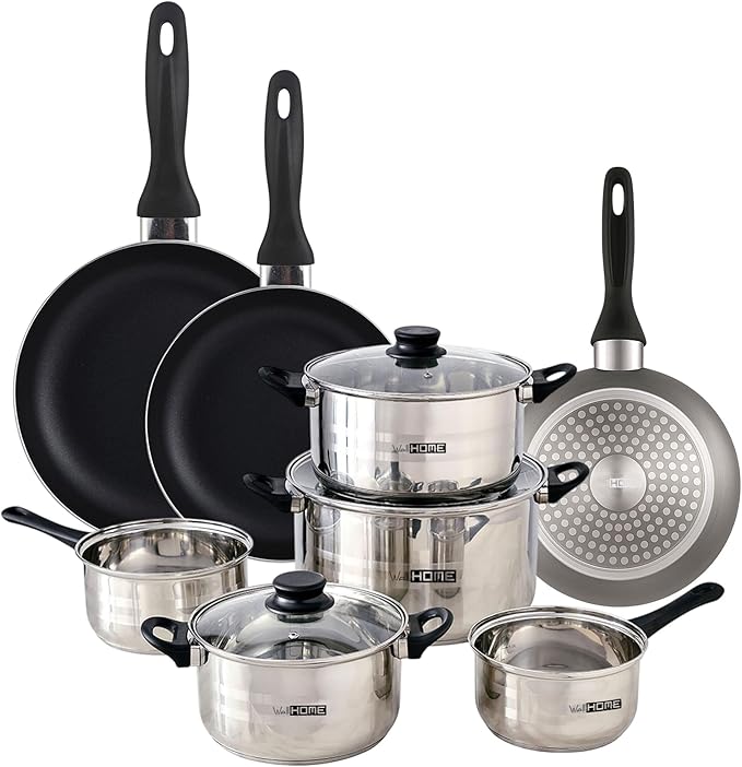Well Home Cookware Set 8 Pieces Stainless Steel + 3 Pans Diameter 16 x 20 x 24 cm Grey Metallic Pressed Aluminium