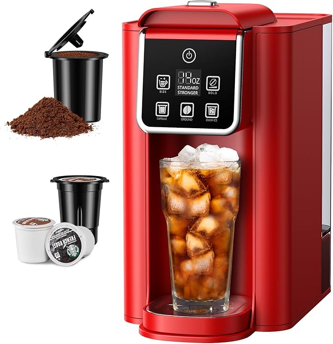 SHARDOR Single Serve Coffee Maker Hot and Iced Coffee Machine for K Cup Pods &amp Ground Coffee 6 to 14 oz Brew Sizes with 50 oz Removable Water Tank Bold Brew Setting Stainless Steel Red