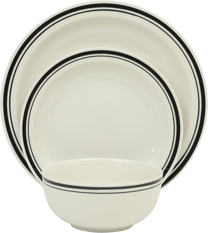 Gibson Home Hometown Diner 12-Piece Porcelain Dinnerware Set Round Plates and Bowls Set for 4 White with Black Rim Dishwasher Safe – Dinner Plate Salad Plate &amp Cereal Bowl