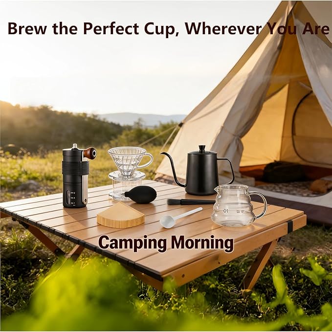 Single Serve Manual Pour Over Coffee Maker Kit - Portable V60 Drip Cone Gooseneck Kettle Glass Carafe &amp Grinder for Travel Camping Home &amp Specialty Brewing (White)