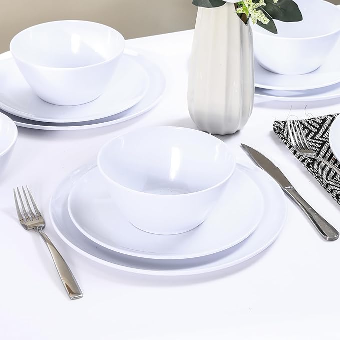 Melamine Dinnerware Sets18-piece Melamine Plates and Bowls Set Unbreakable Dishes Set for 6 Dishwasher SafeIndoor and Outdoor UseLightweightWhite