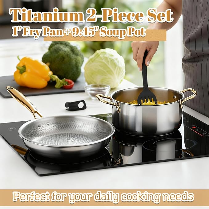 LemonRoad 2 Pieces Titanium Cookware Set 11'' and 9.45'' Pots and Pans with Lids Triply Titanium No Coat Technology Safe for Oven Induction and Cook Tops Dishwasher Safe (Pan and Soup Pot)