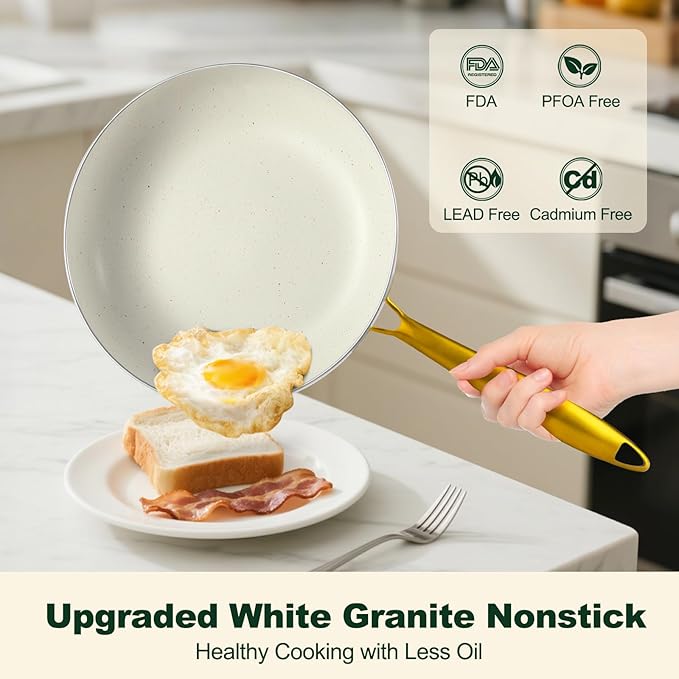 Pots and Pans Set Non Stick 7 Piece White Granite Induction Cookware Set Nonstick Kitchen Cooking Set with Gold Handle and Utensil Oven Safe (PFOS PFOA Free)