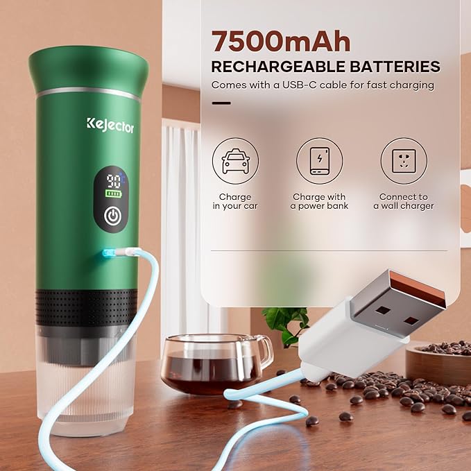 kejector Portable Coffee Maker Espresso Machine for Travel Nano Car Coffee Maker Compatible with Ground Coffee &amp Capsule for RV Hiking Camping Office Travel Espresso Maker Electric Green