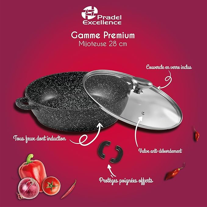 Pradel Excellence - PCUI001016 - Premium Cast Aluminium Slow Cooker Ø28cm Glass Lid - Stone-Effect Non-Stick Coating - Removable Handle - All Heat Sources