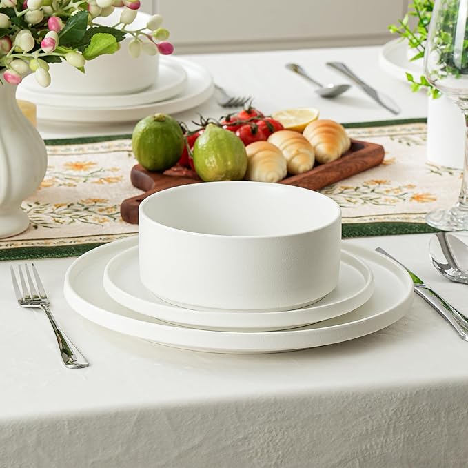 Plates and Bowls Sets 12 Piece Ceramic Dinnerware Set for Family and Gatherings Dishes Set for 4 Dishwasher &amp Microwave Safe Handcrafted Stoneware Sets Modern White