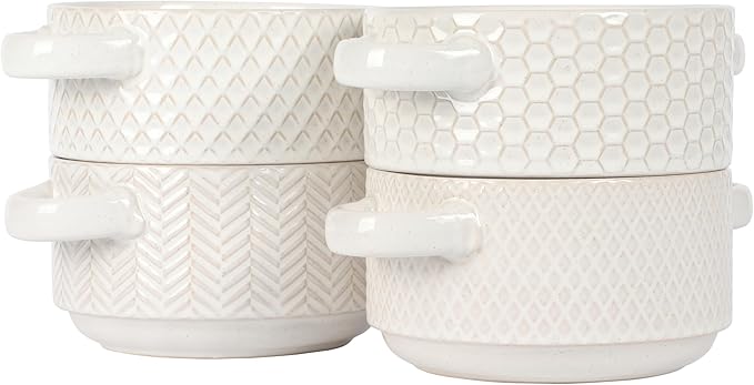 Gibson Elite Oyster Tide Embossed 6 Inch Soup Bowls with Handles. French Onion Soup Crocks Stackable Soup Bowl Chili Beef Stew Reactive Glaze Stackable Ceramic Bowl Set of 4 White