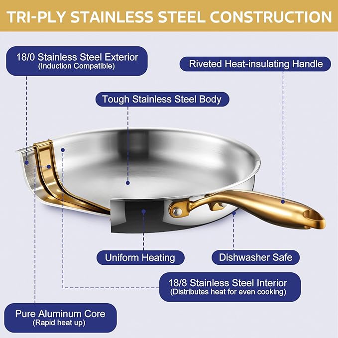 Triple Ply Stainless Steel Pots and Pans Set EWFEN 12 Piece Induction Cookware Set Oven Dishwasher Safe | Frying Pans Saucepans Saute Pan &amp Stock Pot PFOA Free Kitchen Skillet Gold
