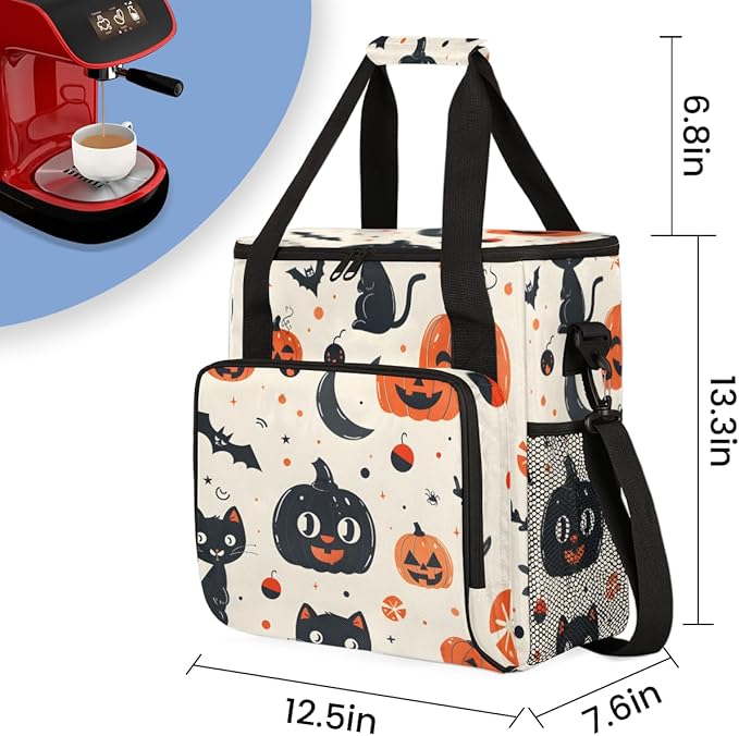 Gothic Pumpkin Coffee Maker Carrying Bag Cat Pumpkin Travel Storage Bag Compatible with K-Mini or K-Mini Plus Single Serve Coffee Brewer Carrying Case with Multiple Pockets &amp Shoulder Strap