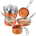 10-Piece Nonstick Cookware Set with Glass Lids Copper Orange Kitchen Pots and Pans Set Stainless Steel Handle Non-Toxic 6 Qt Casserole 8 and 9.5 Inch Skillets Saucepans