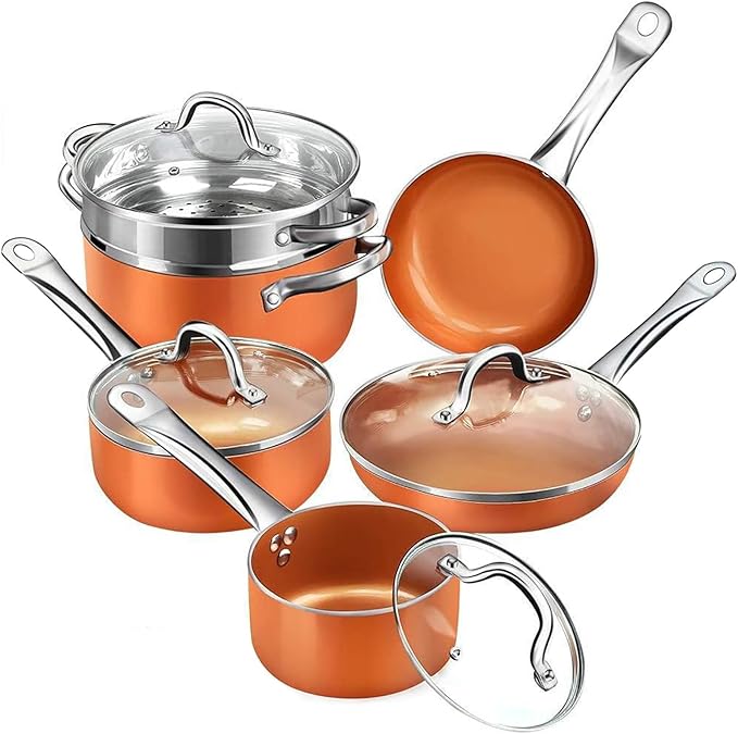 10-Piece Nonstick Cookware Set with Glass Lids Copper Orange Kitchen Pots and Pans Set Stainless Steel Handle Non-Toxic 6 Qt Casserole 8 and 9.5 Inch Skillets Saucepans