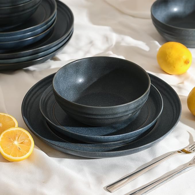 Stone Lain Elio 12-Piece Dinnerware Set Stoneware Plates and Bowls Set Dish Set for 4 Blue
