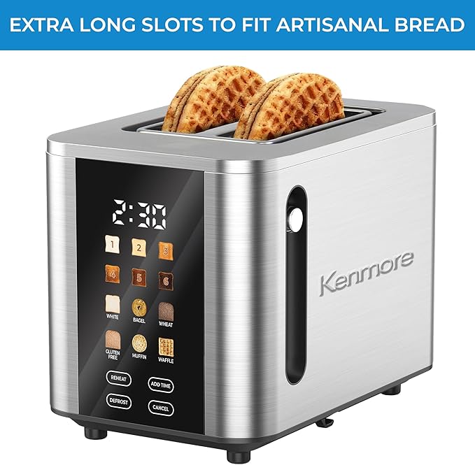 Kenmore 2-Slice Toaster - Color Touch Screen &amp 6 Shade Settings Extra Wide Slots Digital Countdown Timer Customizable Smart Presets Reheat Defrost Add Time Functions Stainless Steel