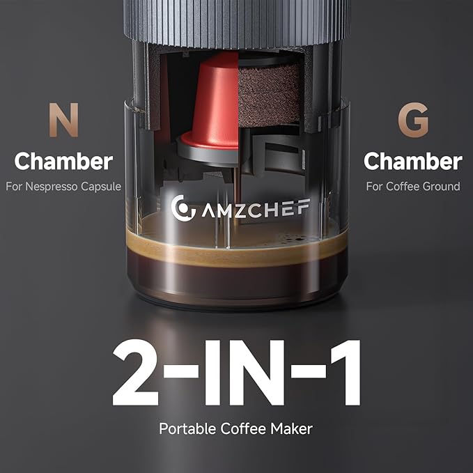 AMZCHEF Portable Coffee Maker Rechargeable w/ 9000mAh Battery 2-in-1 Travel Espresso Maker for Ground/NS Capsules Car Espresso Machine Self-Heating for Camping RV Hiking Office Aluminum
