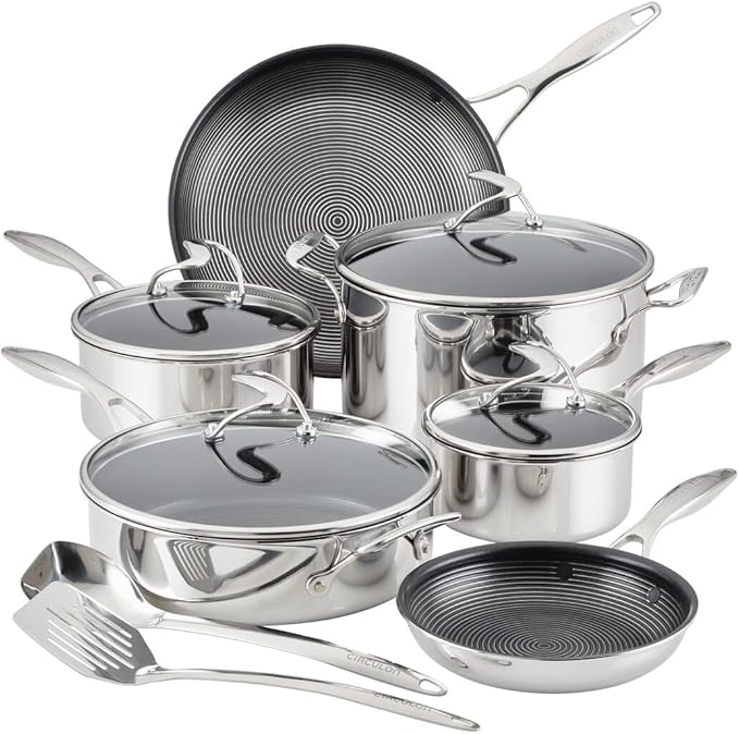 Circulon Clad Stainless Steel Cookware Pots and Pans and Utensil Set with Hybrid SteelShield and Nonstick Technology 12 Piece - Silver