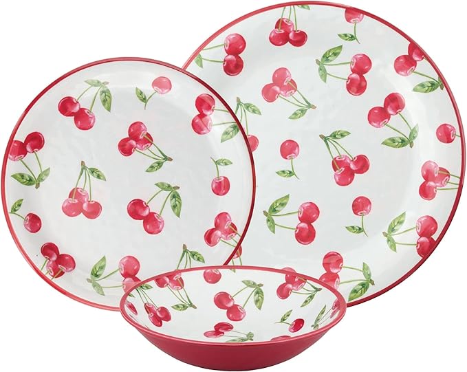 UPware 12 Piece Cherry Melamine Dinnerware Sets Outdoor Dishes Set Plates and Bowls Sets Service for 4 Red
