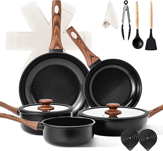 17-Piece Aluminum Cookware Set Black Non-Stick Pots and Pans Set with Assembled Handles - 5 Pots &amp 2 Lids Compatible with Induction Gas Electric Stoves Perfect for Home Kitchen Use