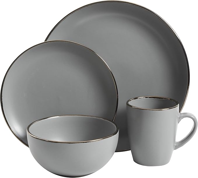 Gibson Home Rockaway 16-Piece Round Stoneware Dinnerware Set Service for 4 – Grey with Gold Rim Plates and Bowls Microwave &amp Dishwasher Safe