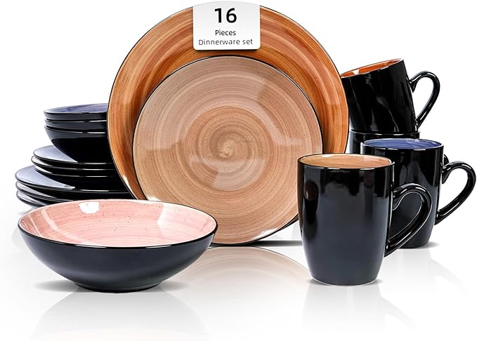Sonoma 16pc Stoneware Dinnerware Set Outside Black + Inside Hand Painting Combi Colors of Cobalt Mocha Rose and Spice with Speckle