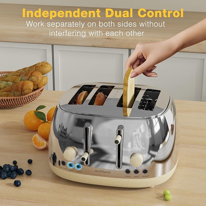 Toaster 4 SliceRetro Stainless Steel Toaster with Extra Wide Slots Dual Independent Control Panel Cancel Bagel Defrost Function Removable Crumb Tray (Silver)