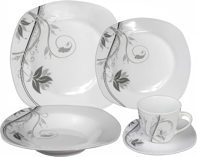 Stylish and Elegant 20 Pieces Porcelain Square Dinnerware Set Service for 4 People for Hosting Parties and Events - Matte Silver and Black Floral Design
