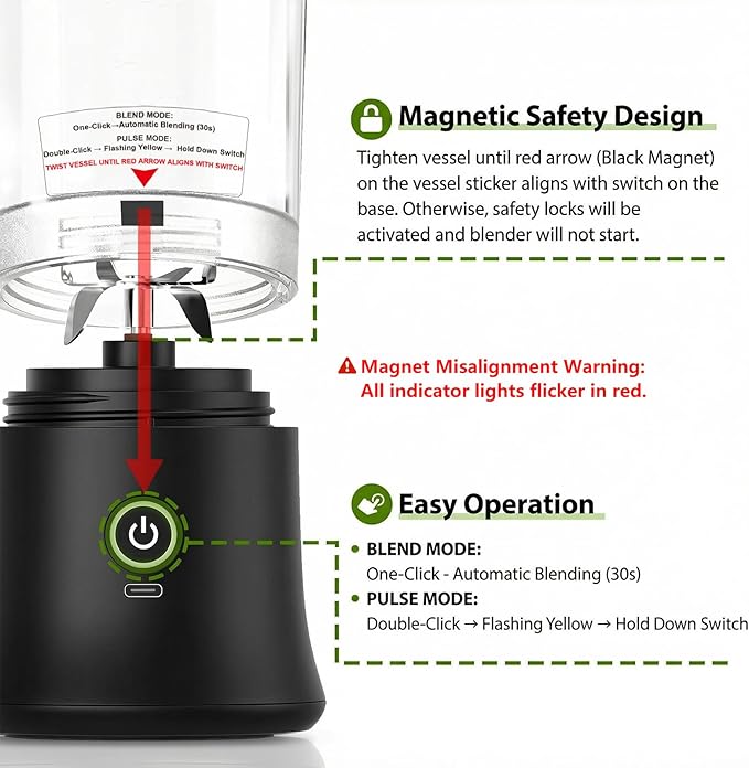 DENOKIN Portable Blender with Drinking Lid 16oz Cordless Blender for On-the-Go Rechargeable via USB-C Black