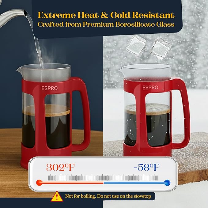 ESPRO P3 French Press Coffee Maker – Patented Double Micro-Filter for Grit-Free Brew Heat Resistant thicker Borosilicate Glass Coffee press – Red (32oz)