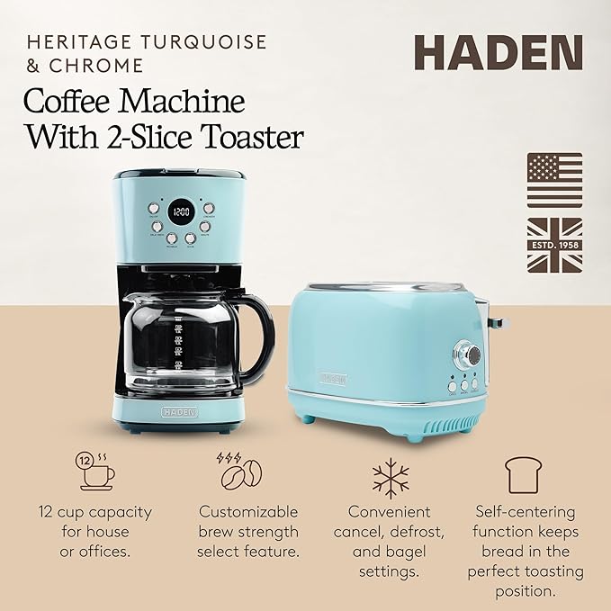 HADEN Heritage 12 Cup Programmable Vintage Retro Home Coffee Maker Machine with Heritage 2 Slice Wide Slot Stainless Steel Bread Toaster Turquoise