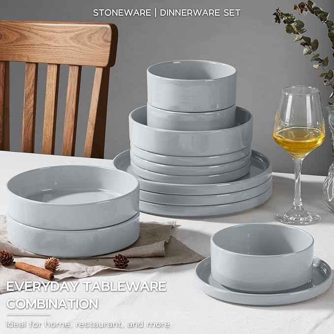 Onader Dinnerware sets 24 Piece Plates and Bowls Stoneware Kitchen Dinner Dish Set for 6 Ceramic Speckled Dinnerware with Pasta Bowl - Slate Gray