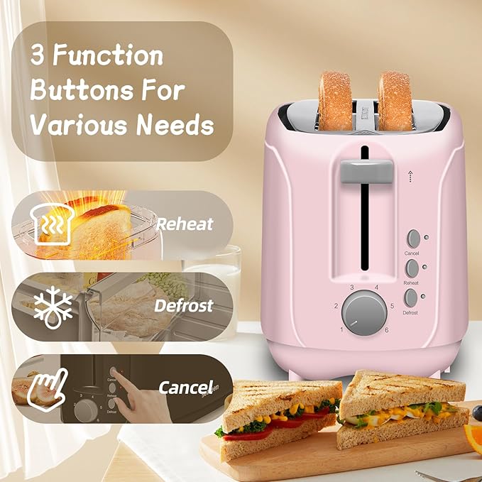 SEEDEEM 4 Slice Toaster Extra Wide Slots Bread Toaster with 6 Shade Settings Bagel/Cancel/Defrost/Reheat Functions Removable Crumb Tray Auto Shut-Off Pink