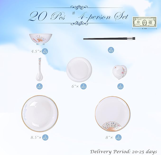Fine Bone China Dinnerware SetPorcelain&ampCeramic Dinnerware SetsBone Stoneware &amp Ceramic Cookware Tableware Set Includes Dinner Plates|Spoons|Pasta Bowls|Soup Pot|Chopsticks (20PCS * 4-Person