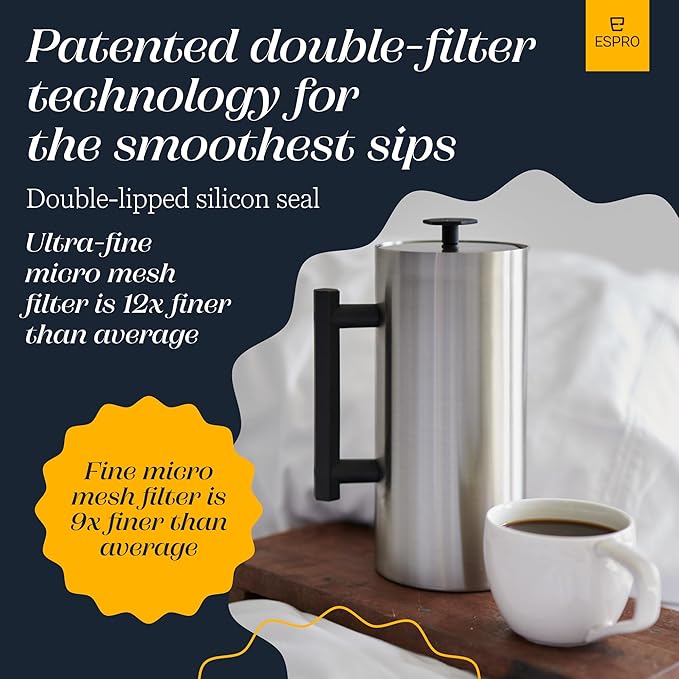 ESPRO P6 32 Ounces French Press Coffee Maker Double Walled Stainless Steel Insulated Brushed Stainless Steel