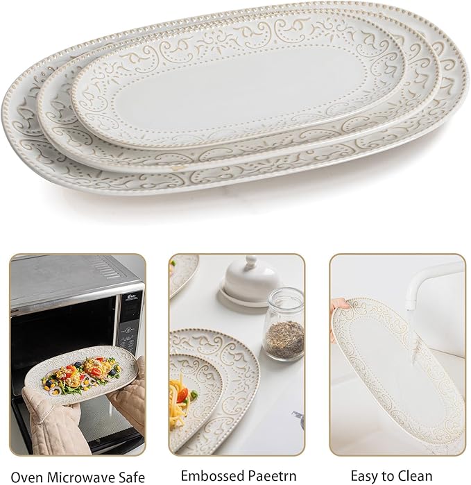 Serving Platters Set 14/12/10 Oval Ceramic Serving Plates Embossed Serving Trays for Party Oven Dishwasher Safe Vintage White Serving Dishes for Entertaining Appetizers Pasta Sushi