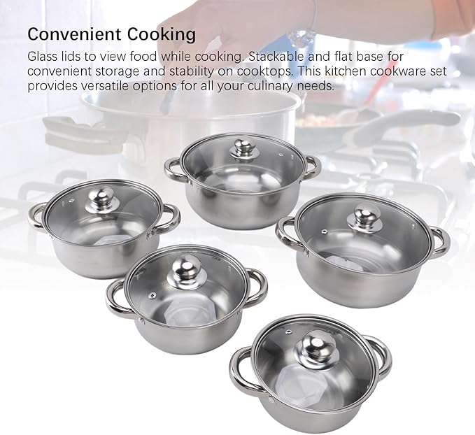 Stainless Steel Cookware Set 5pcs Kitchen Pots and Pans with Glass Lids and Heat Handles for Cooking Dishwasher Safe Stackable Flat Base