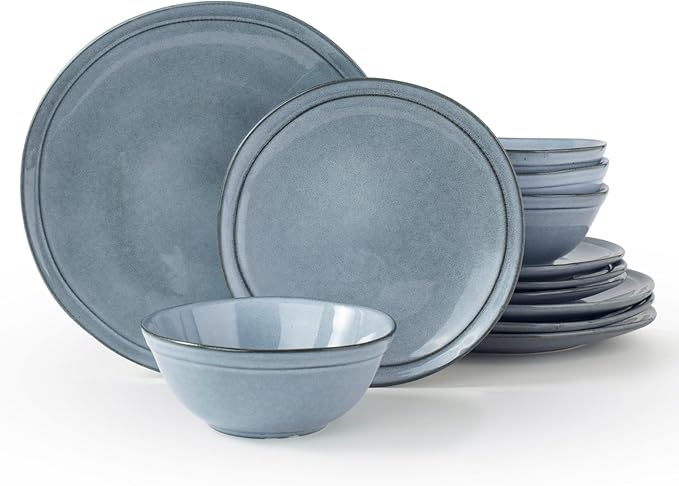 Famiware Aegean 12 Pieces Dinnerware Set + Ocean Espresso Cups with Saucers Set of 4 Microwave and Dishwasher Safe Blue