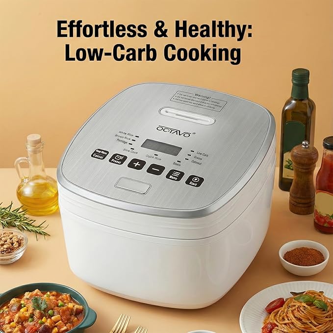 OCTAVO Low Carb Rice Cooker 5-Cup Uncooked Stainless Steel Inner Pot Low Sugar Rice Maker with 24H Timer and Auto Keep Warm Small Rice Maker LED Display White Rice/Brown Rice/Grains/Oatmeal Bead-