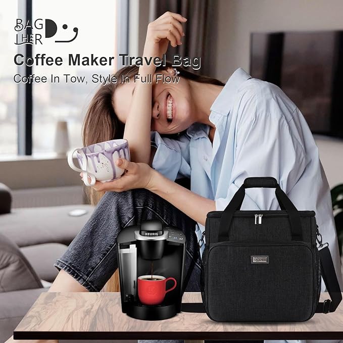 BAGLHER Coffee Maker Travel Bag Compatible with Keurig K-Classic、Keurig K-Elite、Keurig K-Compact or Other Accessories Portable Coffee Maker Case with Shoulder Strap for Travel Black