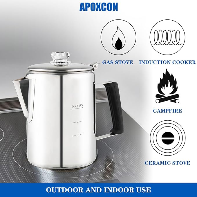 Multi Use Percolator Coffee Pot Stainless Steel Stove Top Coffee Maker with Two Borosilicate Glass Knob Silica Handle Camping Coffee Pot Using on Campfire Stove &amp Induction Cooker Silver 9 Cup