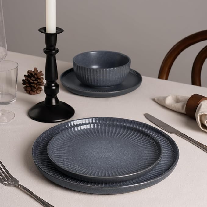 Famiware Starlight Plates and Bowls Dishes Set of 4 (12 Pieces) Ribbed Textured Stoneware Dinnerware Sets- Dishwasher &amp Microwave Safe Chip Resistant Matte Midnight Grey