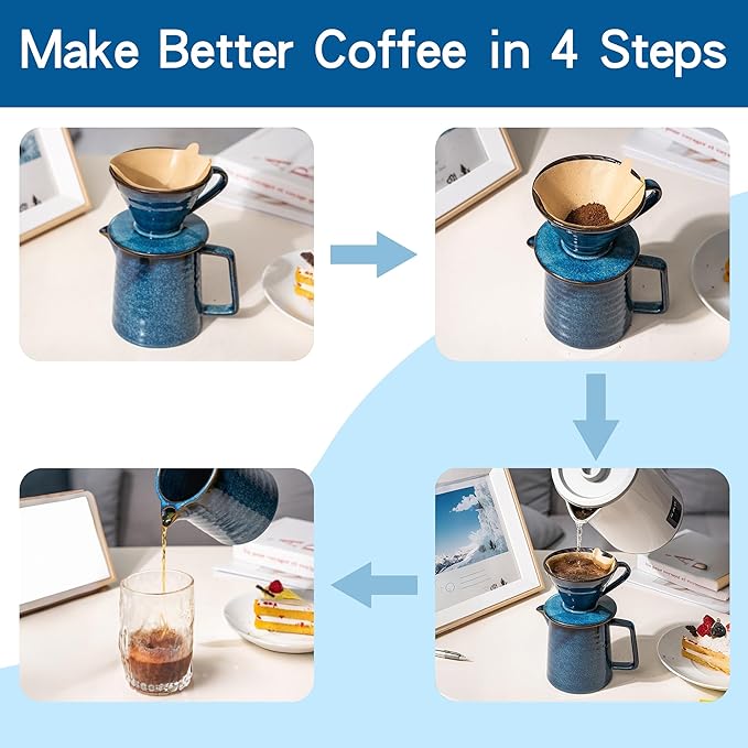 Topadorn Pour Over Coffee Maker Set 13 Oz Ceramic Coffee Maker &amp Pour Over Coffee Dripper Reusable Drip Coffee Maker for Café Restaurant Home Camping Blue