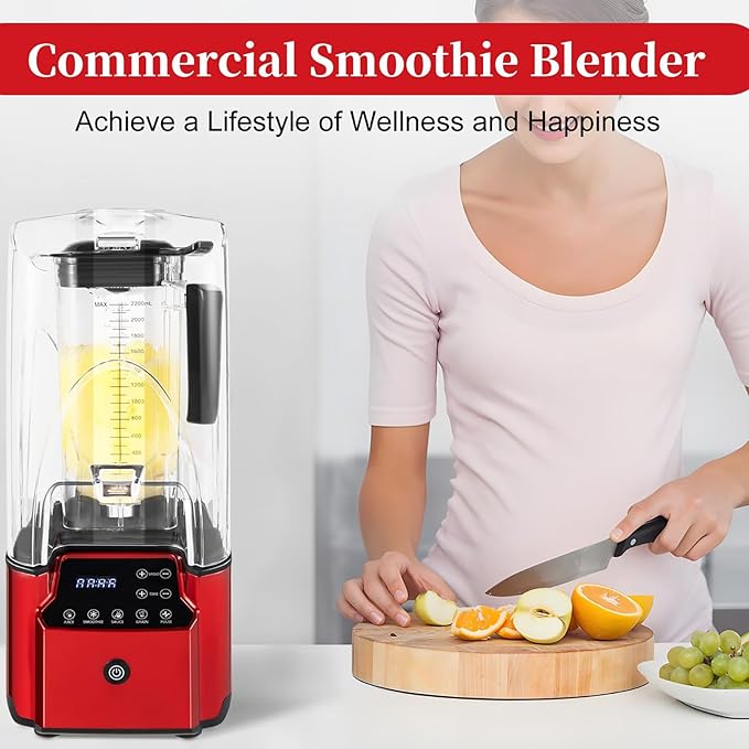 2200W Soundproof Cover Blender 2.2L Smoothies Blender Fruit Juice Smoothie Maker with Smart Touch Screen Removable Sound Insulation Cover for Restaurants Hotels Homes Parties