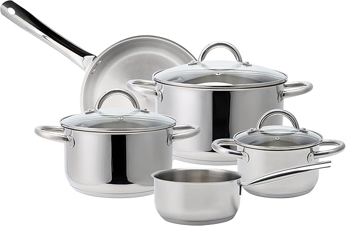 EW-TS-8010 Induction Cookware Set Made of High-Quality Stainless Steel 8-Piece Cookware Pots with Glass Lid 3 x Saucepans Saucepan Frying Pan for All Types of Cookers Silver Edition