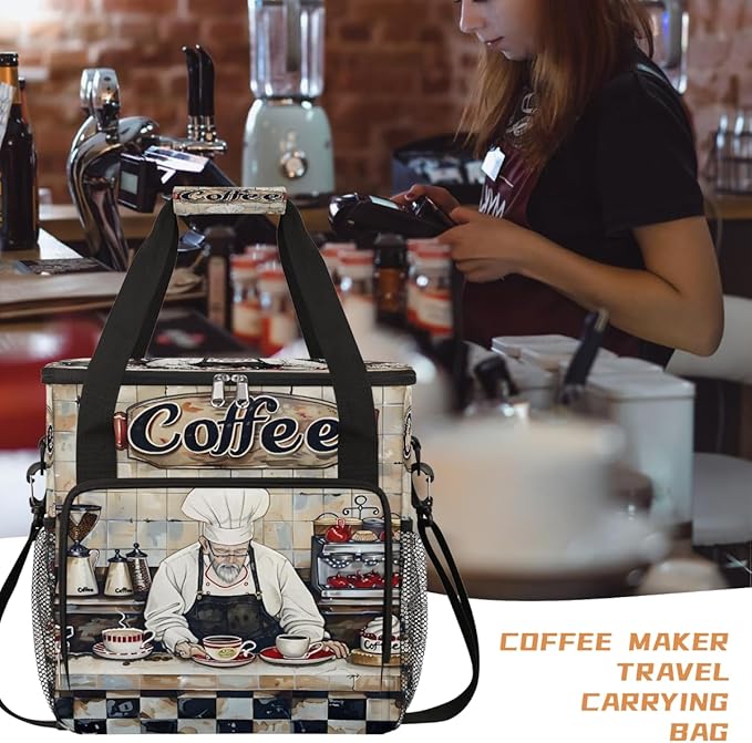 Coffee Chef Pattern Coffee Maker Carring Bag Travel Carrying Storage Tote Bag Compatible with Keurig K-Mini or K-Mini Plus Portable Single Serve Coffees Brewer Case with Pockets for K-cup Pods
