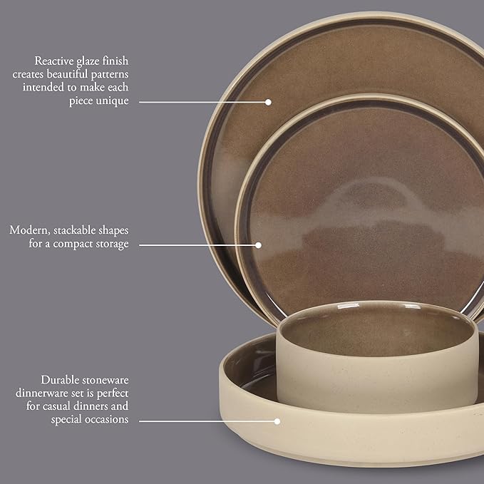 Gibson Elite Liberty Bay 16-Piece Pottery Clay Stoneware Dinnerware Set – Mocha Brown Reactive Glaze Stackable Plates and Bowls W/Pasta Bowl Service for 4 – Microwave &amp Dishwasher Safe