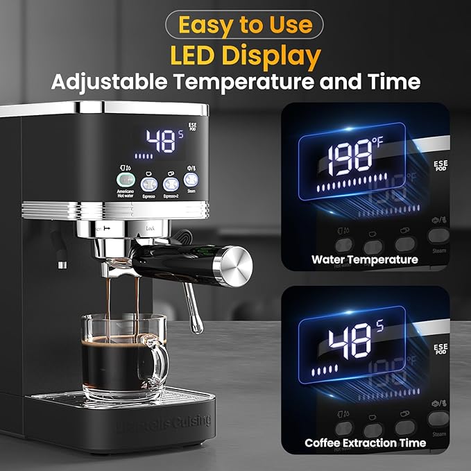 Espresso Machine 20 Bar Temperature Time LED Display Espresso Maker with Adjustable Extraction Temperature Stainless Steel Coffee Machine with Powerful Steam Wand for Cappuccino LatteBlack