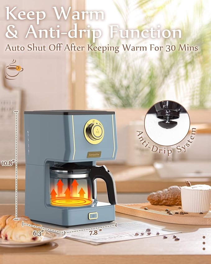 Amaste Coffee Maker 5 Cup Coffee Pot with Three Brewing Modes Retro Coffee Maker with Glass Carafe &amp Reusable Coffee Filter Drip Coffee Maker Ideal for Home or Office Warming Plate Ash Blue