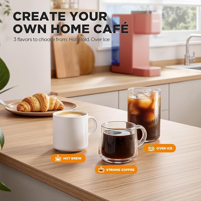 Single Serve Coffee Maker Iced and Hot Coffee Machine for K Cup &amp Grounds Compact Design 40oz Removable Water Reservoir 6 to 24 Oz Brew Sizes Fits 7.3 Travel Mug Salmon