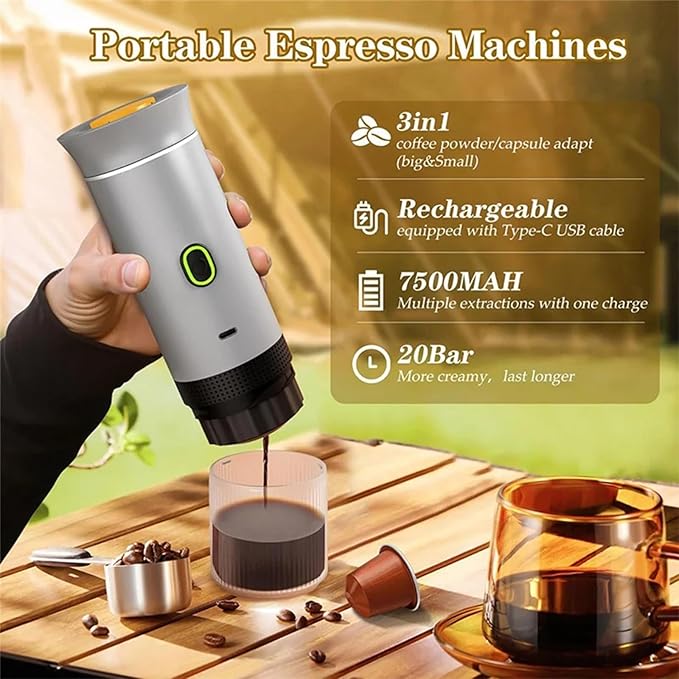 Espresso Portable 3-in-1 Capsule Coffee Maker with 7500mAh Battery 120ml Cup Capacity 50+ Extractions Fast Heating &amp Waterproof Design【silvery】