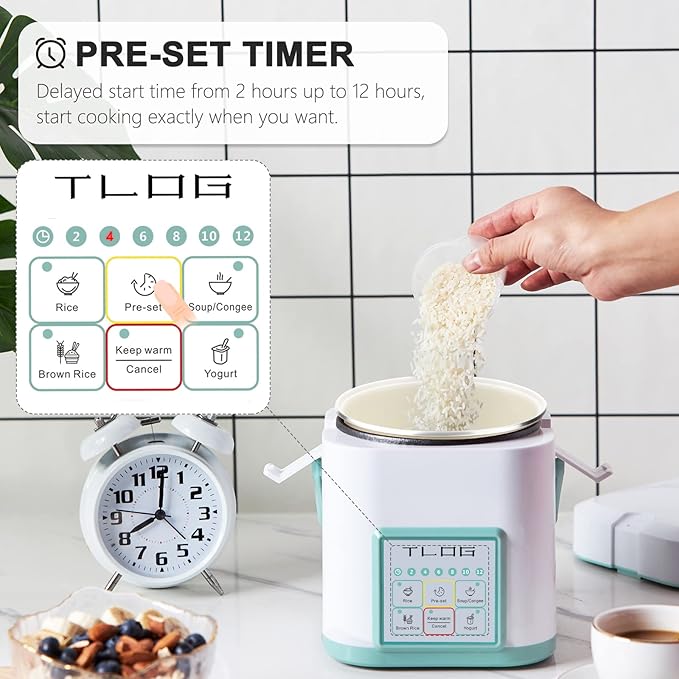 TLOG Mini Rice Cooker 2.5 Cups Uncooked Healthy Ceramic Coating Portable Rice Maker 1.2L Travel Rice Pot Small for 1-3 People Personal Rice maker Food Steamer Multi-cooker for Grains Oats